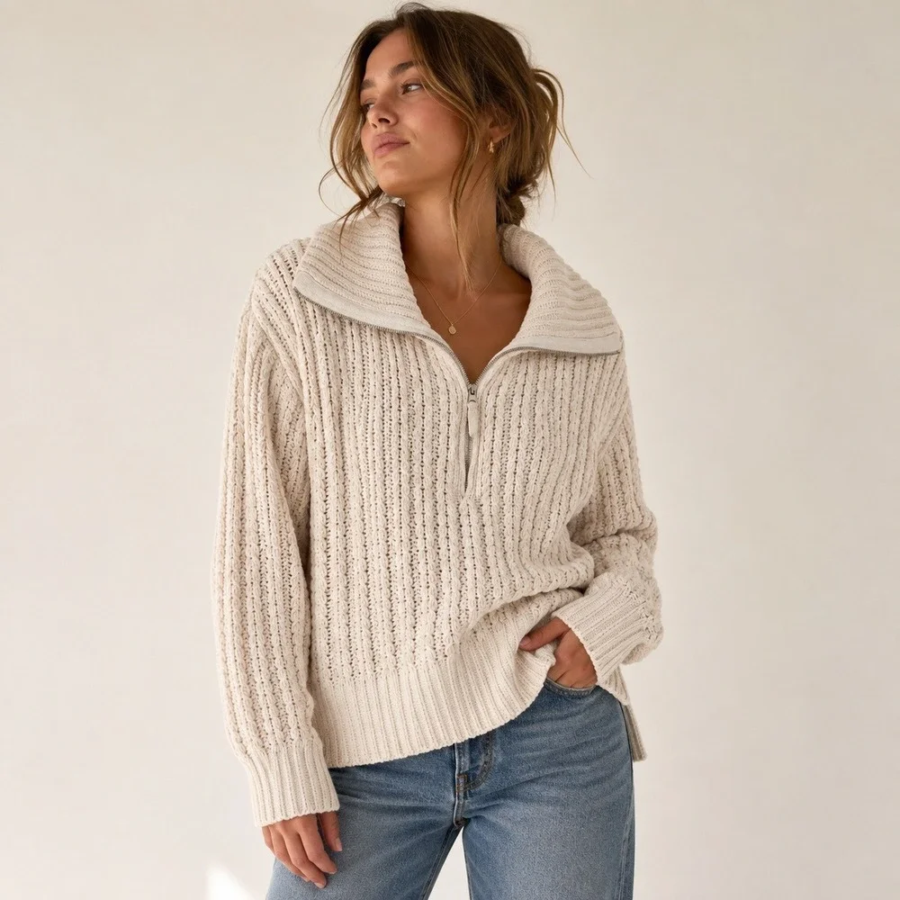 Aerie Cable Car Quarter Zip Chenille Sweater Ivory Small Coastal Fisherman